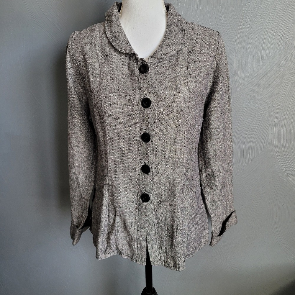 FLAX Top PETITE (4-6) 100% Linen Long Sleeve Button Up Cardigan Pockets